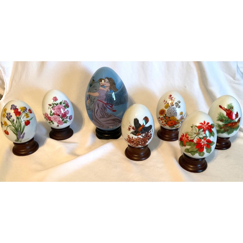 Lot AVON 7 of Seasons Porcelain Egg WOOD STANDS & Boxes 1987-1988+ Angel EGG